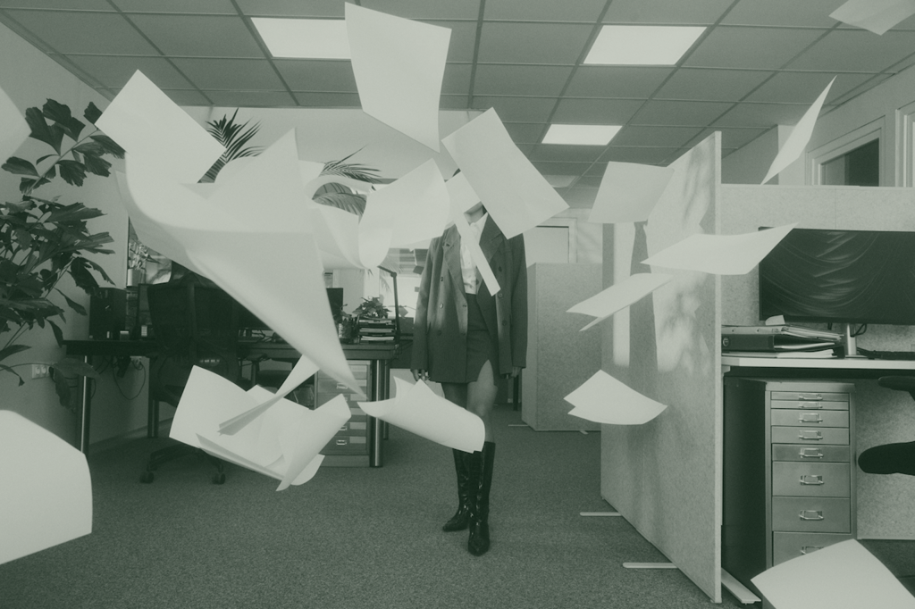 Papers flying through the air in an empty office cubicle