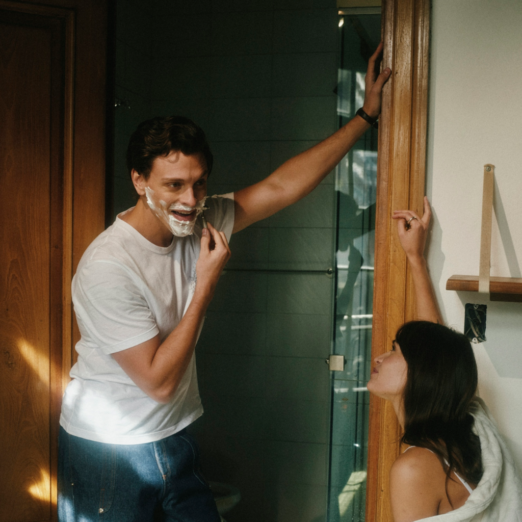Man with shaving cream on his face talking with his partner at home